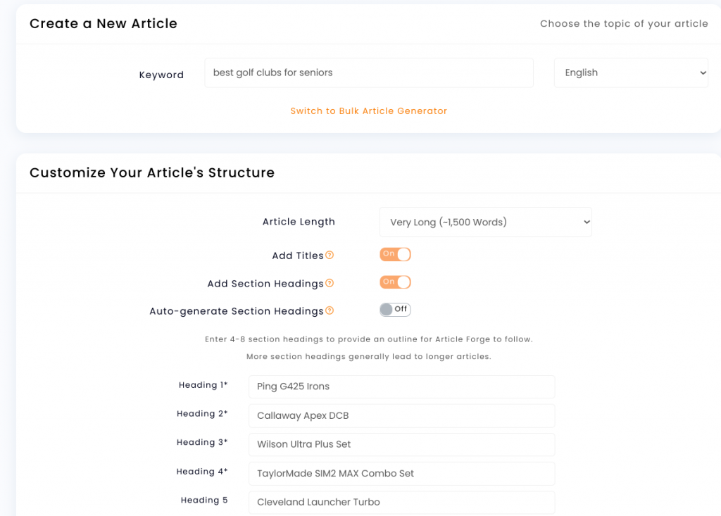 How to generate content automatically with Article Forge - step 1